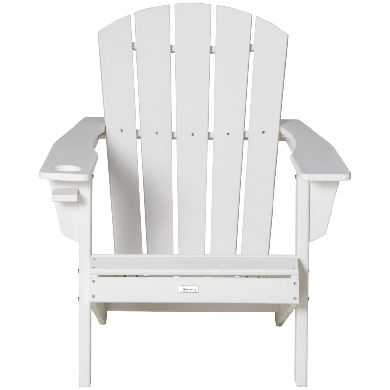 Outsunny Adirondack Chair with Cup Holder, All Weather Patio Chair HDPE Lounger, Fire Pit Seating High Back and Wide Seat for Outdoor, Backyard, Garden, Deck, Lawn, White
