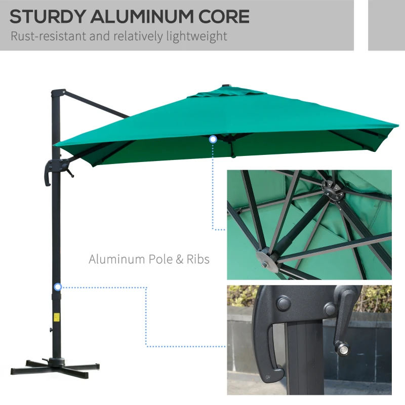 Outsunny 10x10ft Cantilever Umbrella with 4 Adjustable Angle and Rotation, Square Top Market Parasol with Aluminum Pole and Ribs for Backyard Patio Outdoor Area, Green