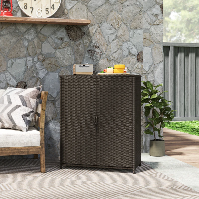 Outsunny Rattan Wicker Outdoor Storage Cabinet with 4 Shelves and 2 Doors for Garden Pool Towel Storage, Coffee