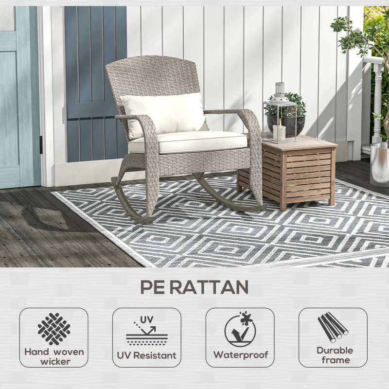 Outsunny Adirondack Chair, Outdoor Wicker Rocking Chair with High Back, Seat Cushion and Pillow for Porch, Balcony, Cream White