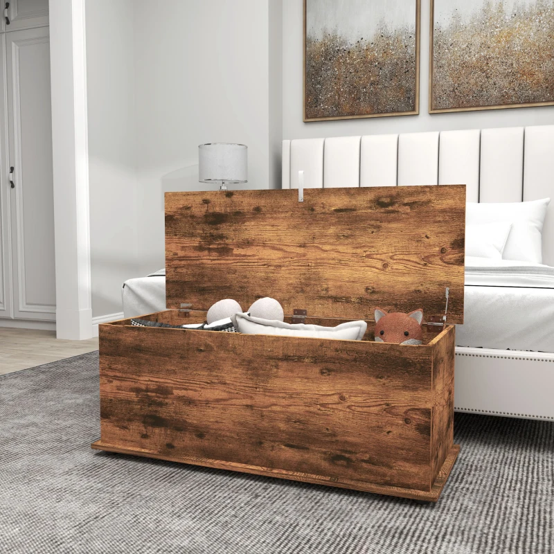 HOMCOM 39.5" Storage Chest with 2 Safety Hinges, Storage Box Organizer with Flip-Top Lid, Entryway Storage Bench, Rustic Brown
