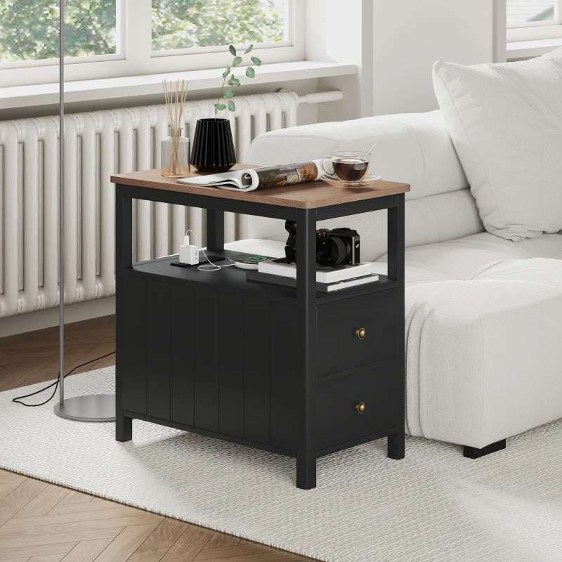 HOMCOM Side Table with Charging Station and USB Ports, Narrow End Table with Drawers, Shelf for Living Room, Black