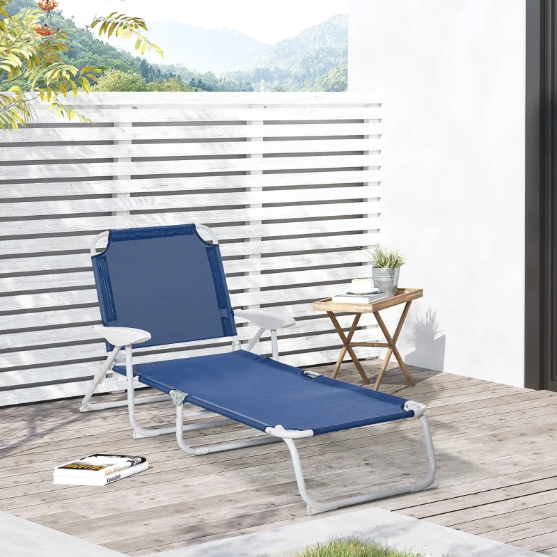 Outsunny Folding Lounge Chair, Portable Outdoor Chaise Lounge, Sun Tanning Chair with 4-Position Reclining Back, Armrests, Metal Frame and Mesh Fabric for Beach, Yard, Patio, Blue