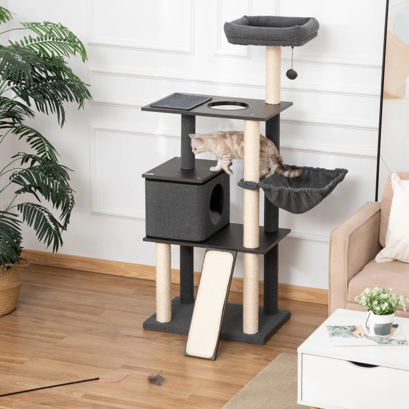 PawHut 58" Cat Tree Huge Kitty Activity Center Cat Climbing Toy Rest Pet Furniture with Sisal Scratching Post Pad Condo Bed Perch Ladder Hanging Ball Dark Grey
