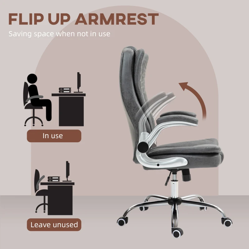 HOMCOM Microfiber Executive Office Chair, Desk Chair with Padded Flip-up Arms, Adjustable Height and Tilt Function, Gray
