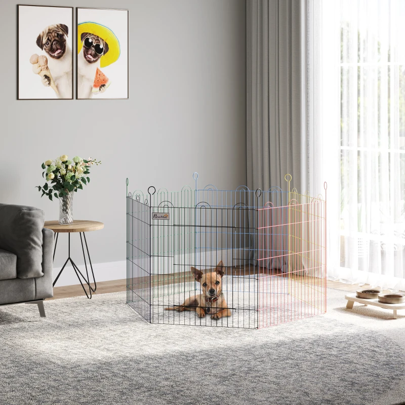 PawHut 23.5"H Metal Pet Playpen Portable Hexagon Dog Exercise Fence Flexible Shape Puppy Crate Kennel w/ Door for Outdoor