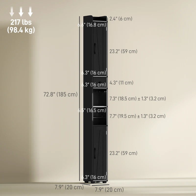 HOMCOM Narrow Bathroom Cabinet, Tall Bathroom Storage Cabinet with Barn Doors, Drawer and Adjustable Shelves, Black Wood Grain