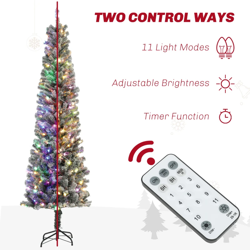 HOMCOM 7.5ft Prelit Pencil Artificial Christmas Tree, Flocked Xmas Tree with Remote, Dual Colour LEDs, 519 Tips, Metal Stand