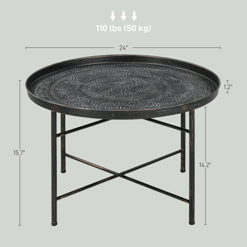 HOMCOM Coffee Table for Living Room, 24" Round Center Table with Hammered Tray Top and Metal Frame for Bedroom, Pewter