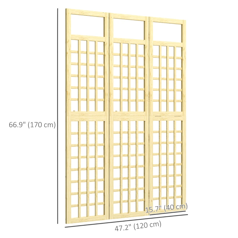 Outsunny 3 Panel Outdoor Wood Privacy Screen, Folding Room Divider/Trellis for Home, Patio, 47.2" x 66.9", Natural Wood