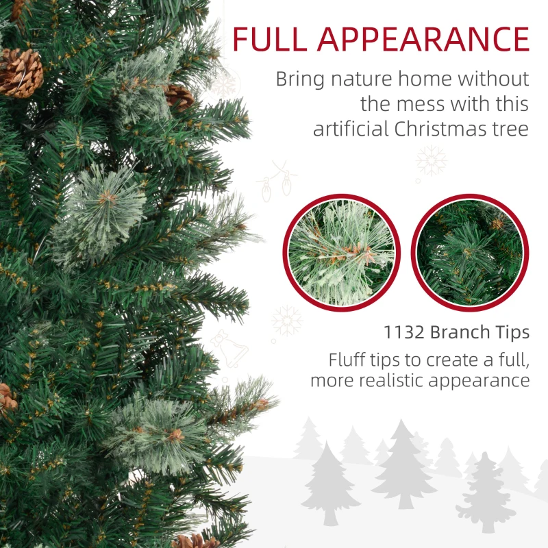 HOMCOM 9.5ft Pencil Christmas Tree, Slim Xmas Tree with Realistic Branches, Pine Cones and Metal Base, Green