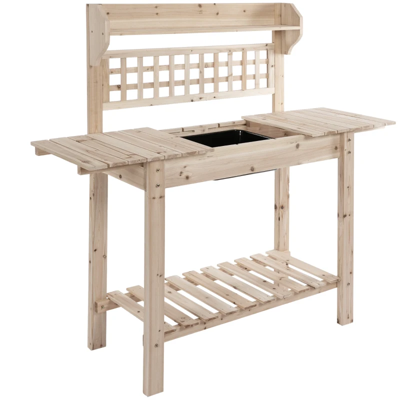 Outsunny Outdoor Potting Bench with Sliding Tabletop, Storage Shelf and Dry Sink, 2-Level Gardening Table, Wooden Workstation for Greenhouse, Garden, Patio, Natural