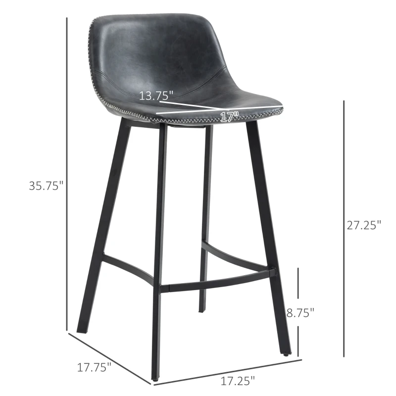 HOMCOM 27.25" Counter Height Bar Stools, Industrial Kitchen Stools, Upholstered Armless Bar Chairs with Back, Steel Legs, Set of 2, Black