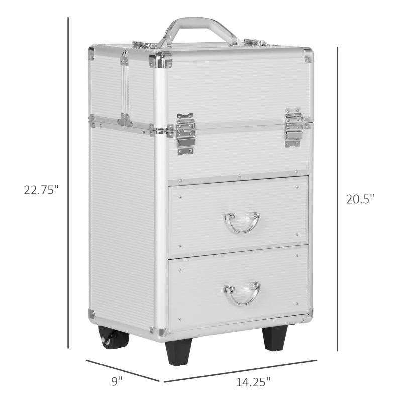 HOMCOM Rolling Makeup Train Case, Large Storage Cosmetic Trolley, Lockable Traveling Cart Trunk with Folding Trays, Swivel Wheels and Keys, Silver