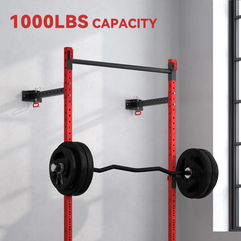 Soozier Folding Squat Rack with Pull Up Bar, Wall Mounted and Adjustable, 1000 Pounds Capacity Power Rack, Red