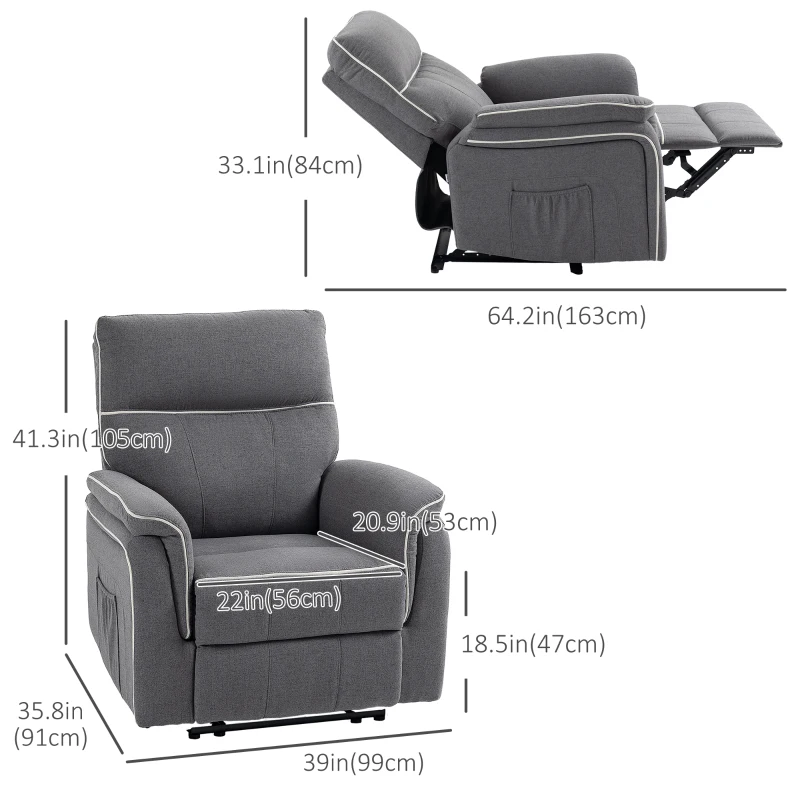 HOMCOM Fabric Reclining Chair, Manual Recliner Chair for Living Room with Footrest, 2 Side Pockets, Steel Frame, Dark Grey