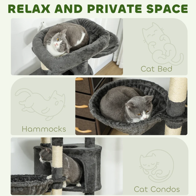 PawHut 52.5" Cat Tree Tower with Scratching Posts, Cat Condos, Bed, Platforms, Hammocks, for Indoor Cats, Dark Grey