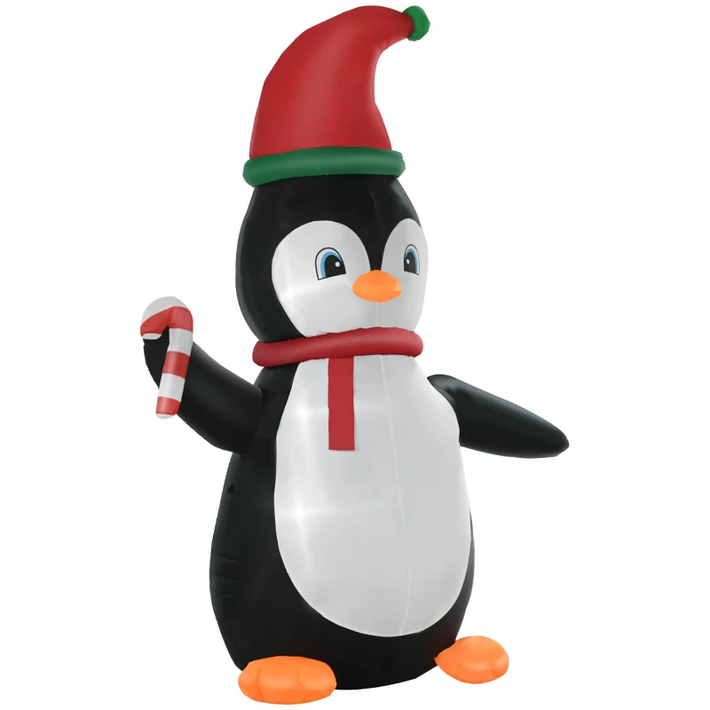 HOMCOM 8ft Christmas Inflatables Outdoor Decorations Penguin with Candy Cane, Blow-Up Yard Christmas Decor with LED Lights Display