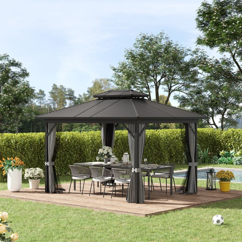 Outsunny 10'x12' Hardtop Aluminum Gazebo Garden Sun Shelter with Mosquito Netting and Curtains Hanging Hook, Black