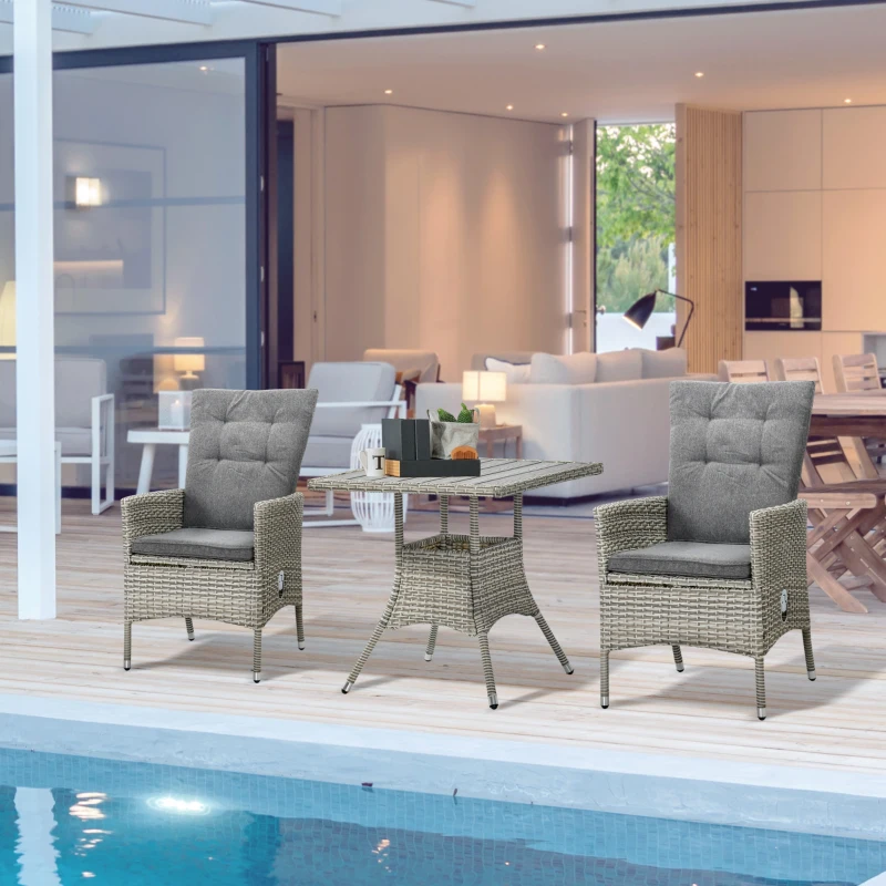 Outsunny 3 Piece Patio Bistro Set, PE Wicker Furniture Conversation Set w/ Tufted Cushion Reclining Chairs & Coffee Table, Gray