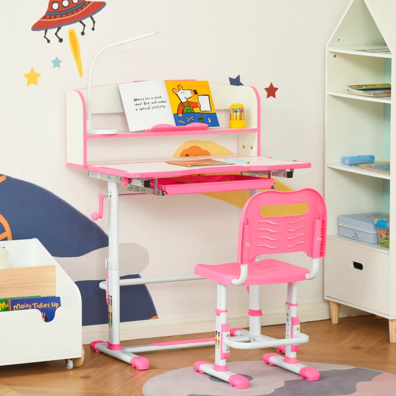 Qaba Kids Desk and Chair Set Height Adjustable Student Writing Desk Children School Study Table with LED Lamp, Bookshelf, Drawer, Reading Board, Pen Slot, Hook, Pink