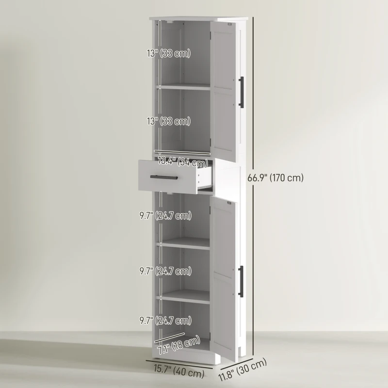 HOMCOM 67" Tall Bathroom Cabinet, Narrow Bathroom Storage Cabinet with Drawer, Barn Doors and Adjustable Shelves, White