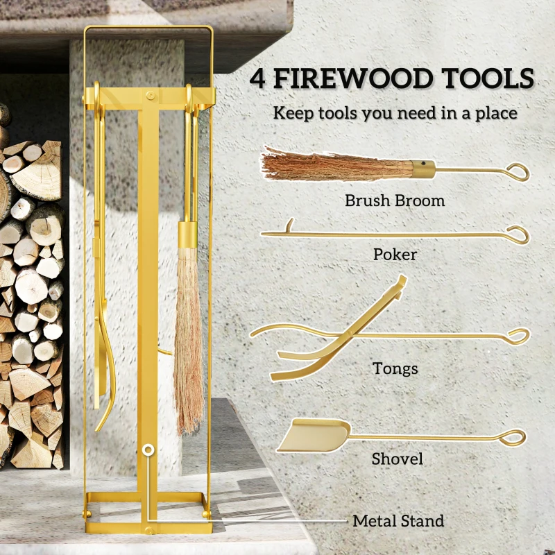 Outsunny 5 Piece Metal Fireplace Tools Set with Brush Broom, Poker, Shovel, Tongs, and Stand for Indoor or Outdoor, Gold