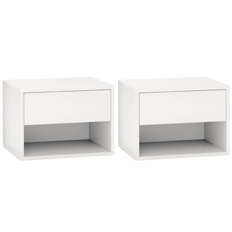 HOMCOM Floating Nightstand Set of 2, Wall Mounted Bedside Table with Drawer for Bedroom, White