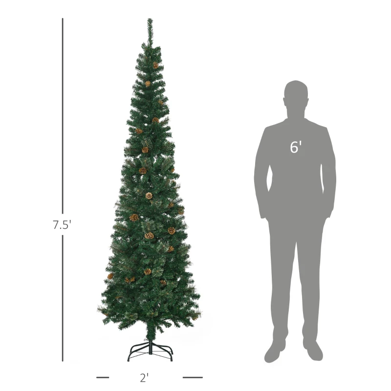HOMCOM 7.5 Foot Pencil Artificial Christmas Tree, Slim Pine Needles Xmas Tree with Realistic Branches, Pine Cones, Metal Base, Green