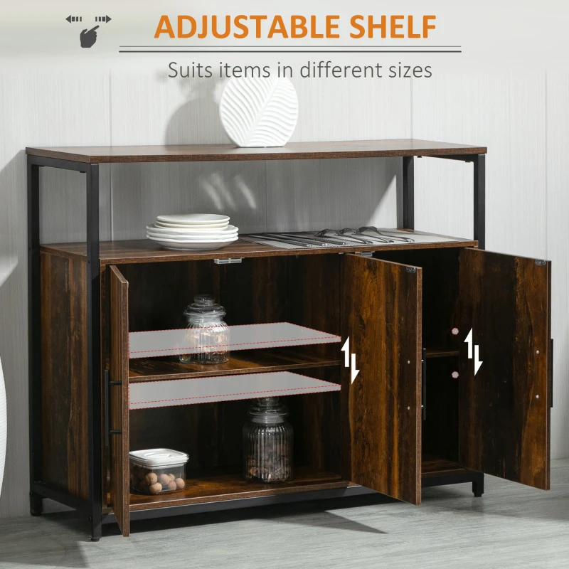 HOMCOM Industrial Sideboard Buffet Cabinet, Kitchen Cabinet with Adjustable Shelves, Coffee Bar Cabinet for Living Room, Bedroom, Hallway, Rustic Brown