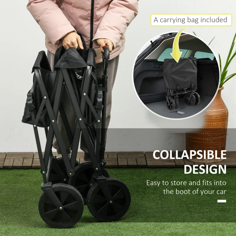 Outsunny Steel Frame Folding Garden Cart, Collapsible Wagon Cart with Removable Canopy, Telescopic Handle and Carrying Bag