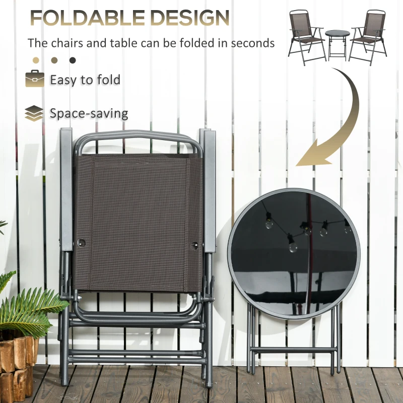 Outsunny 3 Pieces Bistro Set, Foldable Patio Furniture Set with Mesh Chairs, Glass Table for Garden, Balcony, Charcoal Grey