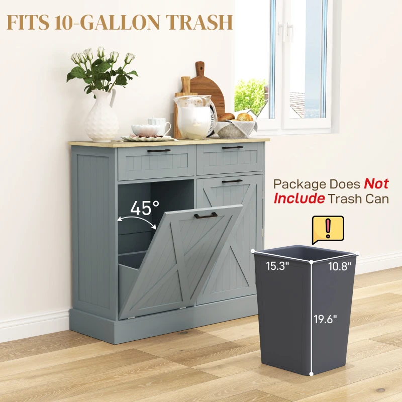 HOMCOM 10 Gallon Farmhouse Kitchen Cabinet with Hidden Trash Can and 2 Drawers, Tilt Out Trash Can Cabinet for Kitchen, Gray