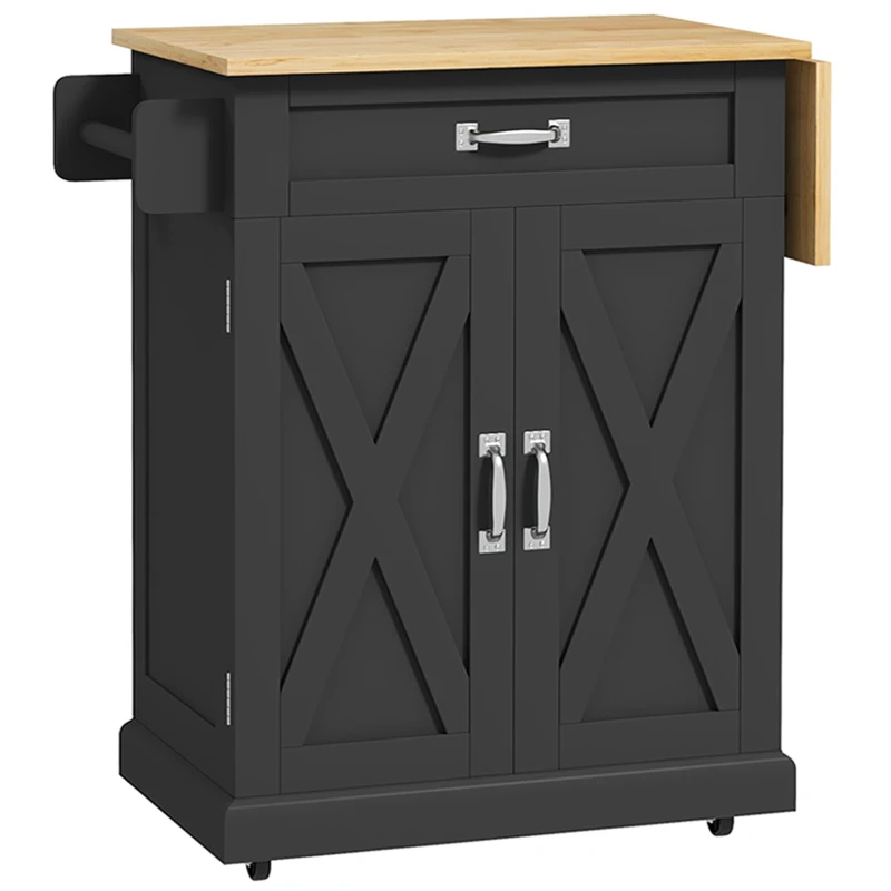 HOMCOM Foldable Kitchen Island with Storage Drawer, Farmhouse Rolling Utility Cart on Wheels with Drop-Leaf Wood Top, Black