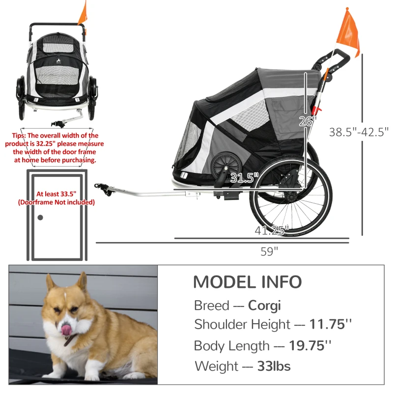 Aosom 2-in-1 Folding Pet Bike Trailer for Small Dogs, Road-Visibility Bicycle Stroller, Weather-Strong Bike Wagon Trailer Sidecar Attachment, Grey