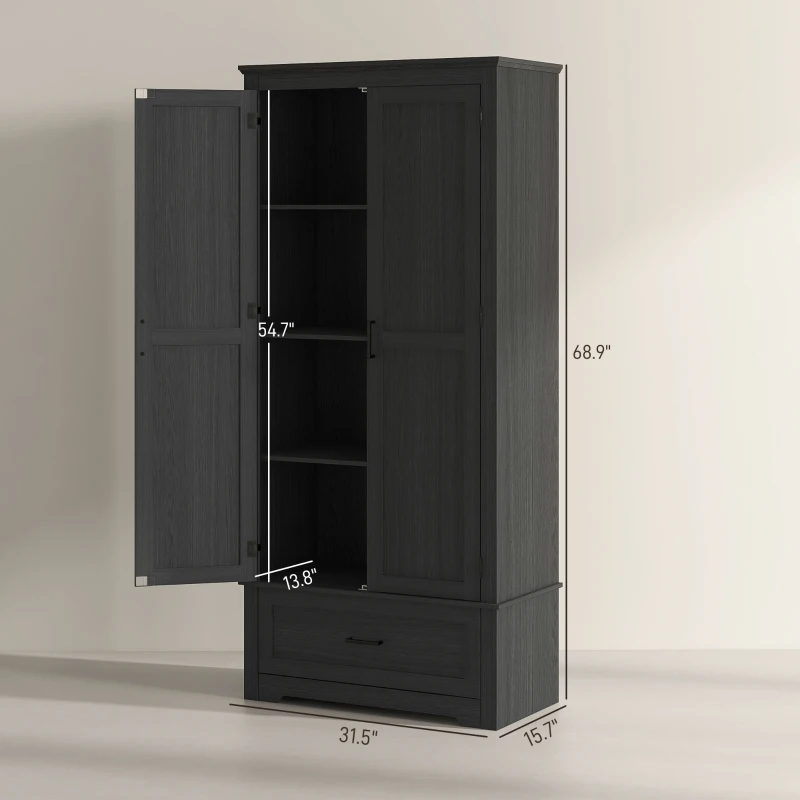 HOMCOM 69" Tall Farmhouse Kitchen Pantry Cabinet with 2 Doors, Drawer and Adjustable Shelves for Dining Room, Black