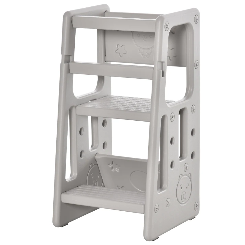 Qaba Toddler Tower with Adjustable Height, Toddler Kitchen Stool Helper with Anti-slip Mat, Step Stool for Kitchen, Bathroom, Gray