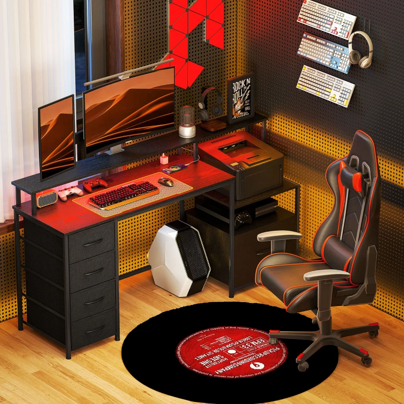 HOMCOM Computer Desk with Power Outlets and LED Lights, 67" Computer Table with File Cabinet and Fabric Drawers, Black