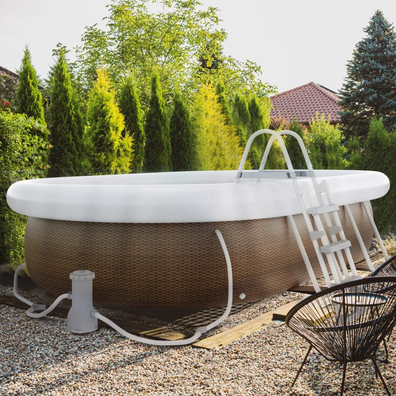 Outsunny 18' x 10' x 42" Above Ground Swimming Pool, Semi-Inflatable Rectangular Steel Frame Pool with Filter Pump, Safety Ladder, Cover, and Mat, for 1-8 People, Brown