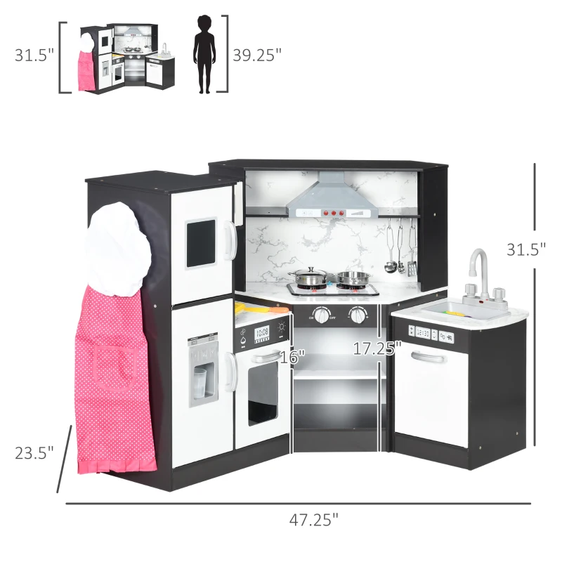 Qaba Play Kitchen Set for Kids w/ Apron and Chef Hat, Ice Maker Brown