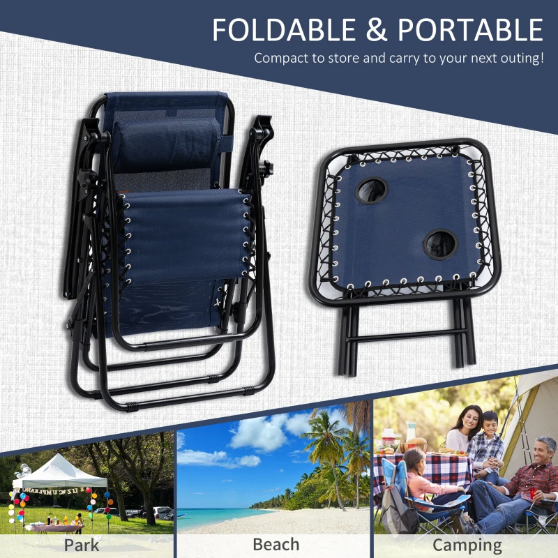 Outsunny Zero Gravity Chair Set of 2 Patio Chair with Side Table Cupholders and Pillows for Pool, Backyard, Lawn, Beach, Blue
