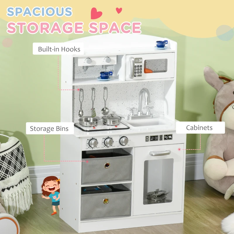 Qaba Wooden Play Kitchen with Easy Toy Organizer Bins, Latte Maker Pretend Play Kitchen Set with Stove Sound Effects, Preschool Imaginative Toy Playset