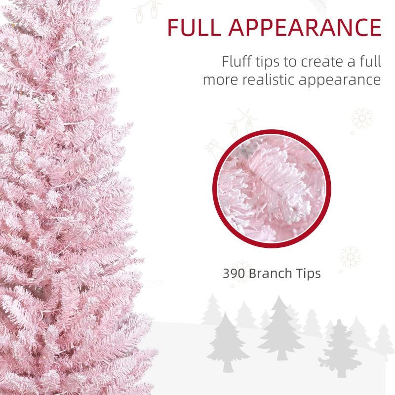 HOMCOM 6ft Pencil Christmas Tree, Slim Artificial Christmas Tree with Realistic Branches and Warm White LED Lights, Pink