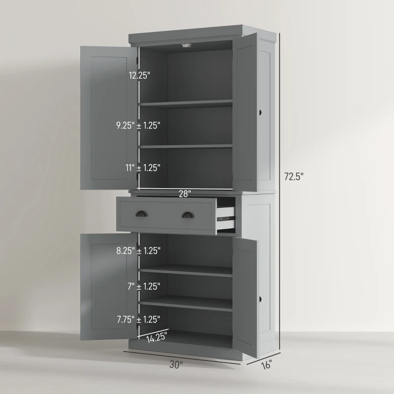 HOMCOM 72.5" Kitchen Cabinet, Pantry Storage Cabinet with Doors and Shelves, Freestanding Food Pantry Cabinet, Gray
