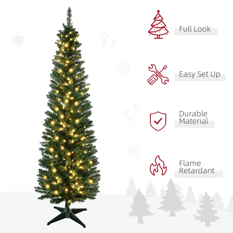 HOMCOM 7' Tall Pre-Lit Slim Noble Fir Artificial Pencil Christmas Tree with 200 Warm White LED Lights and 499 Tips, for Christmas Decoration, Green