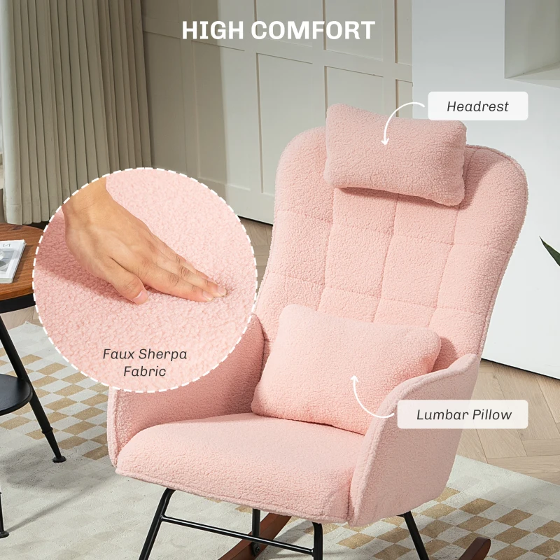 HOMCOM Nursery Rocking Chair with Headrest, Lumber Pillow, Nursing Chair with High Back for Living Room, Bedroom, Pink
