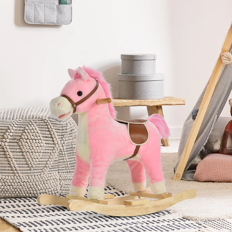Qaba Rocking Horse Plush Animal on Wooden Rockers, Baby Rocking Chair with Sounds, Moving Mouth, Wagging Tail, Pink