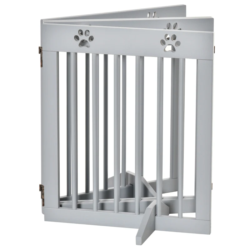 PawHut Freestanding Pet Gate 4 Panel Wooden Dog Barrier Folding Safety Fence with Support Feet for Doorway Stairs Light Grey