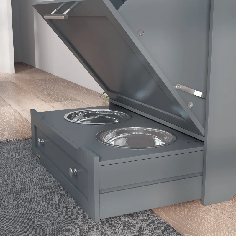 PawHut Pet Feeder Station Storage Cabinet, Dog Food Storage Container with Dog Raised Bowls, Watering Supplies, Grey