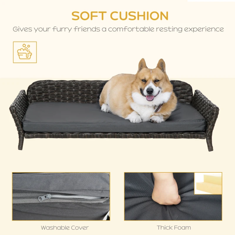 PawHut Elevated Rattan Dog Bed with Steel Frame, Handwoven Wicker Pet Bed with Water Resistant Cushion, Dog Bed Outdoor for Large Medium Dog, Charcoal Gray